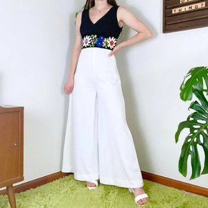 70s Vintage White and Black Floral Embroidered Wide Leg Palazzo Pant Jumpsuit